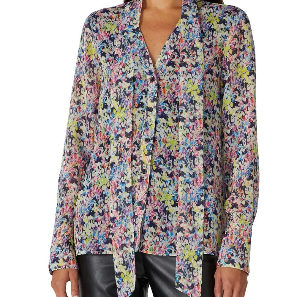 JASON WU Collection Floral Multicolor Lined Women’s Blouse w Attached Neck Tie